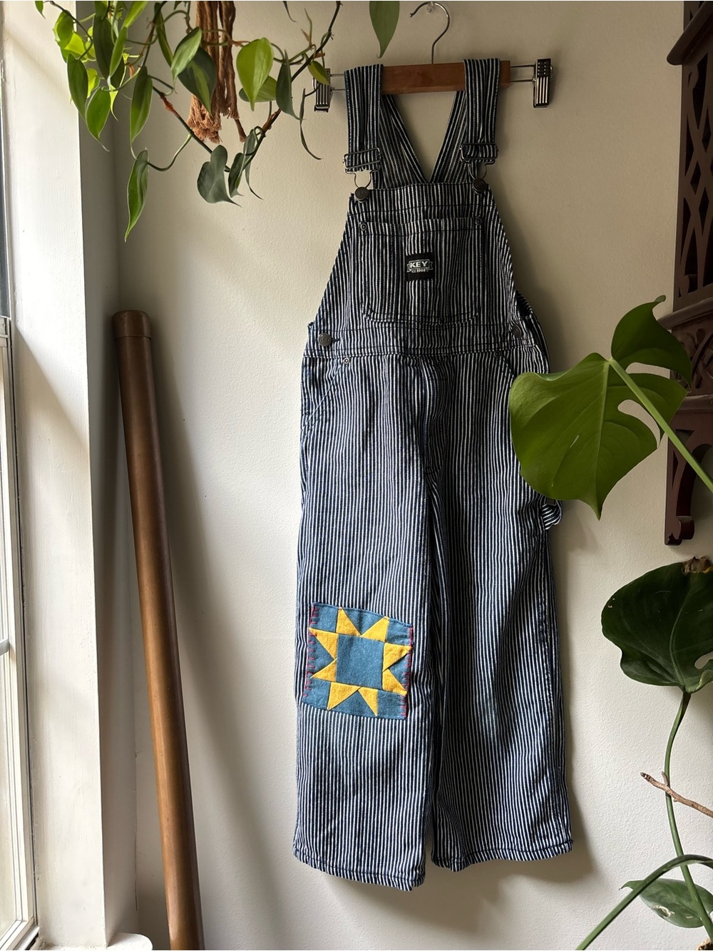 Striped Denim Overalls with hand stitched  Patch
